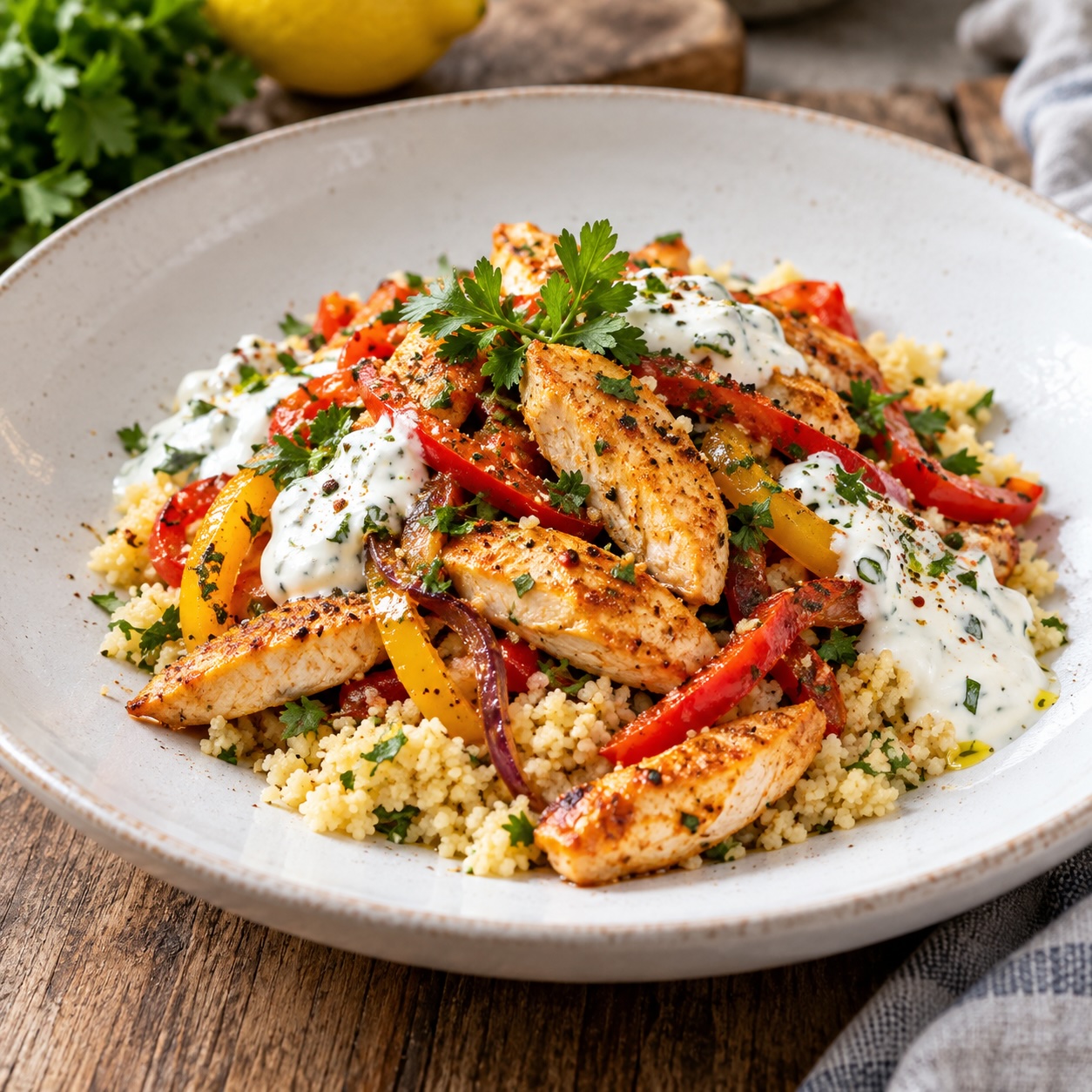 15-Minuten-Hendl mit Paprika, Couscous und Zitronenjoghurt angerichtet